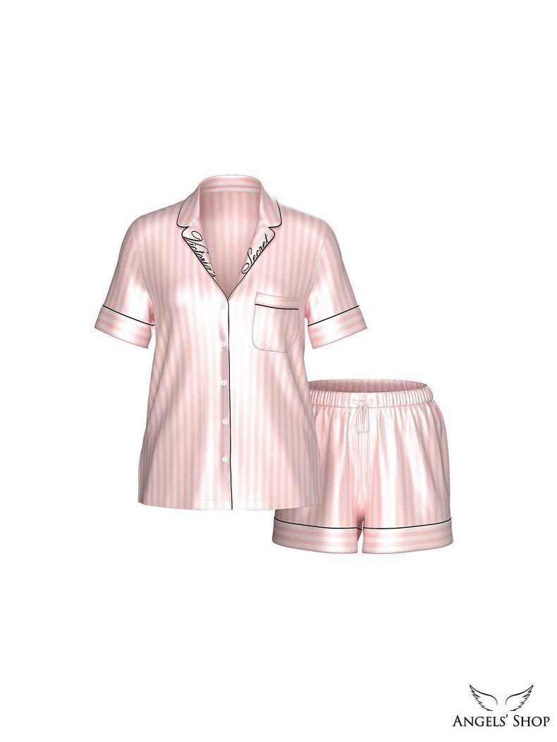 Рожева сатинова піжама в смужку Signature Satin Short Pajama Set Victoria's Secret в смужку