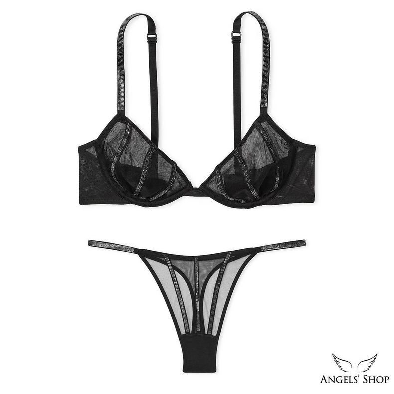 Комплект белья Sheer Shine Low-Cut Demi Bra & Thong Panty Black, 34DD, L