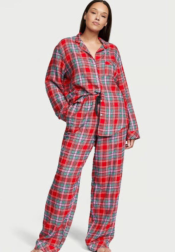 Красная коттоновая пижама Victoria's Secret Cotton Long PJ Set в клетку, XS