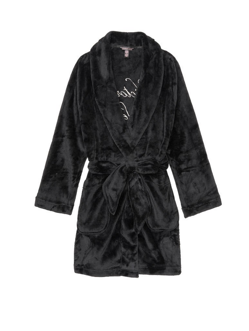 Черный плюшевый халат Victoria's Secret Logo Short Cozy Robe, XS\S
