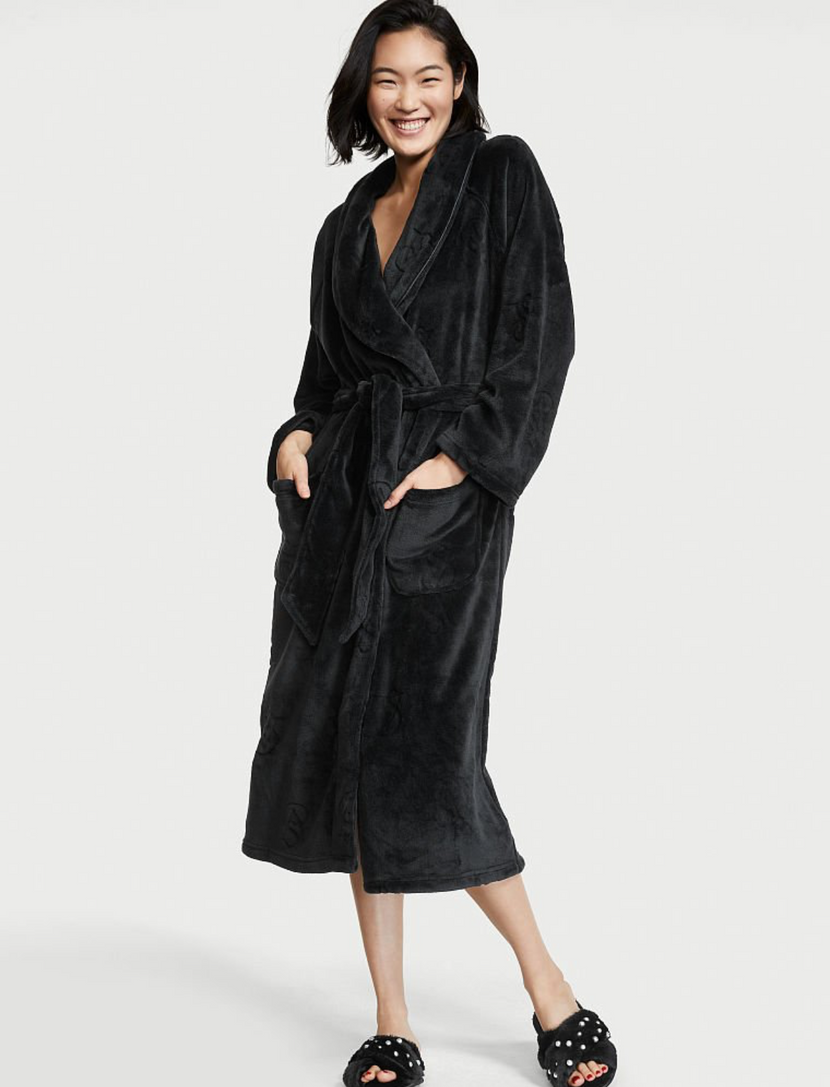 Черный плюшевый халат Victoria’s Secret Plush Long Robe, M\L