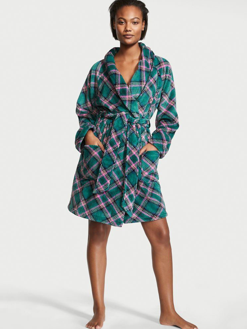 Зеленый плюшевый халат в клетку Victoria’s Secret Logo Short Cozy Robe, XS\S