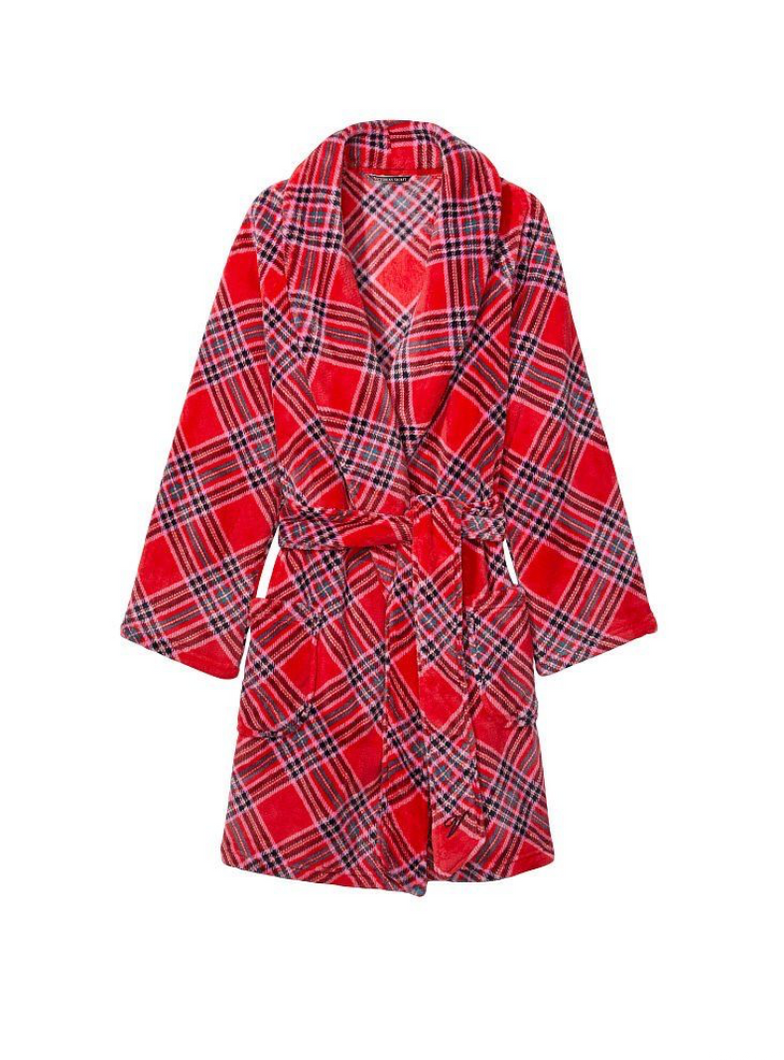 Червоний плюшевий халат в клітинку Victoria’s Secret Logo Short Cozy Robe, XS\S