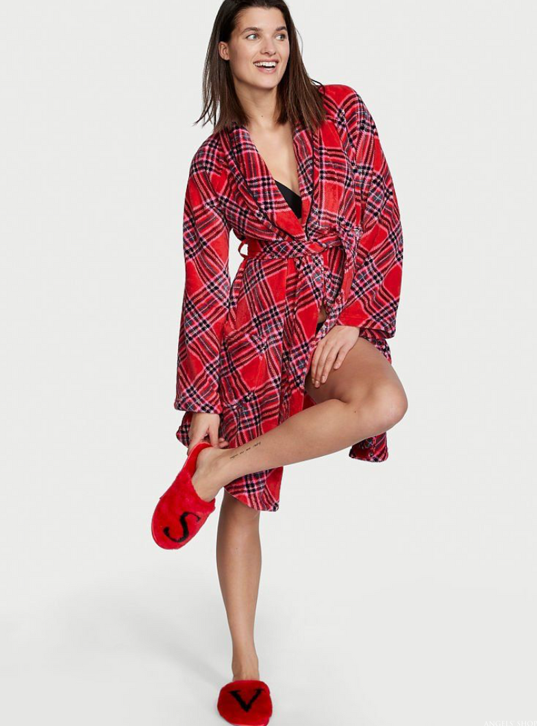 Червоний плюшевий халат в клітинку Victoria’s Secret Logo Short Cozy Robe, XS\S