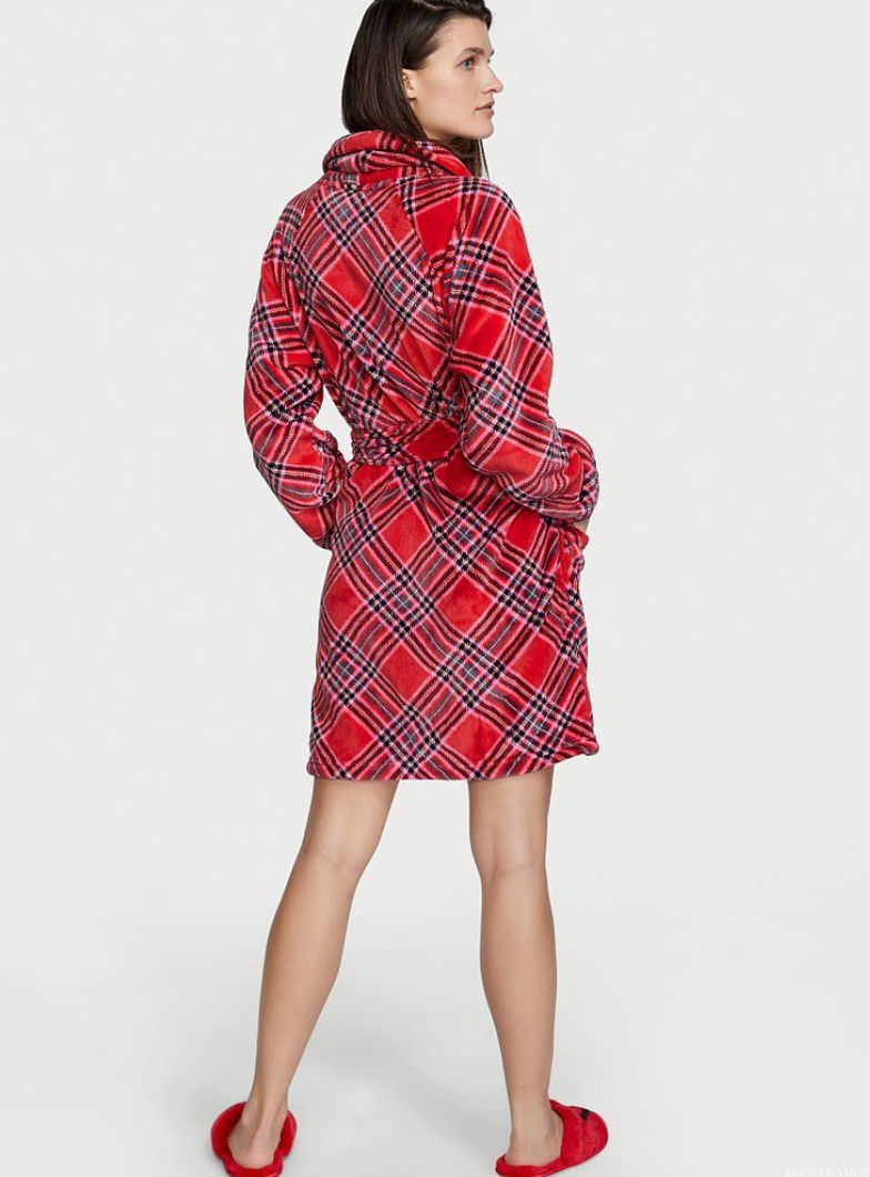 Червоний плюшевий халат в клітинку Victoria’s Secret Logo Short Cozy Robe, XS\S