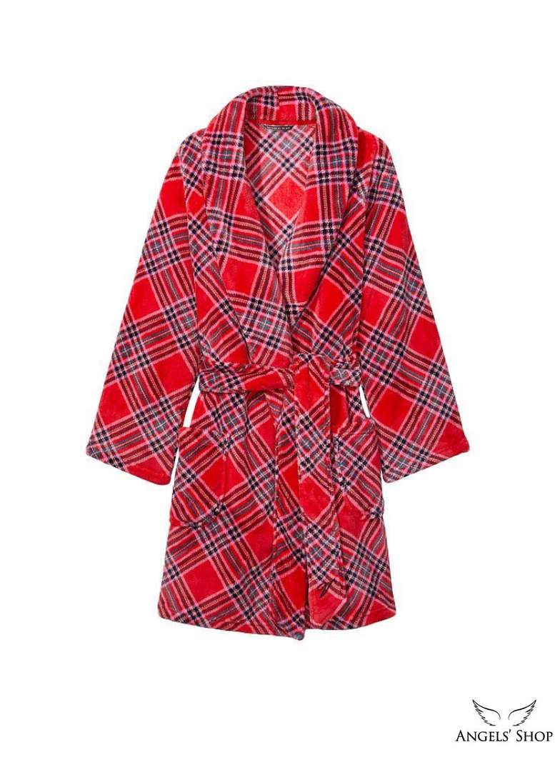 Червоний плюшевий халат в клітинку Victoria&rsquo;s Secret Logo Short Cozy Robe, XS\S