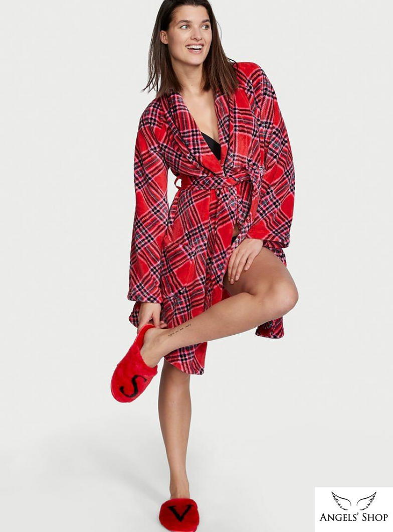 Червоний плюшевий халат в клітинку Victoria&rsquo;s Secret Logo Short Cozy Robe, XS\S