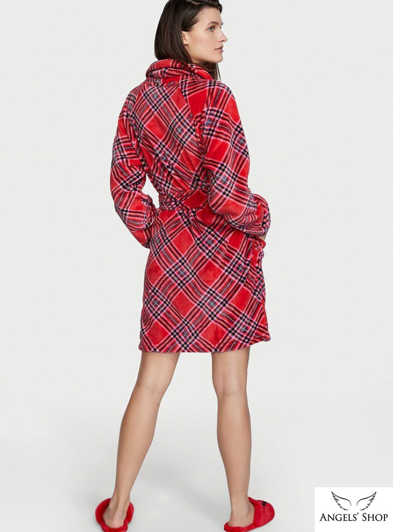 Червоний плюшевий халат в клітинку Victoria&rsquo;s Secret Logo Short Cozy Robe, XS\S