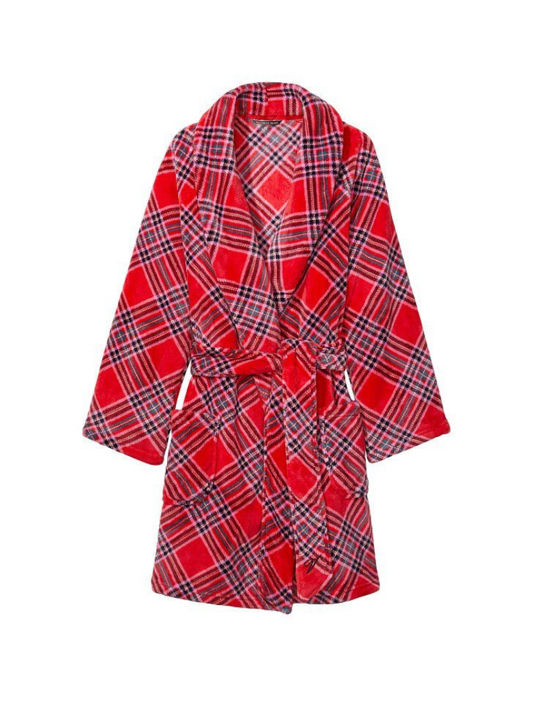 Красный плюшевый халат в клетку Victoria’s Secret Logo Short Cozy Robe, XS\S