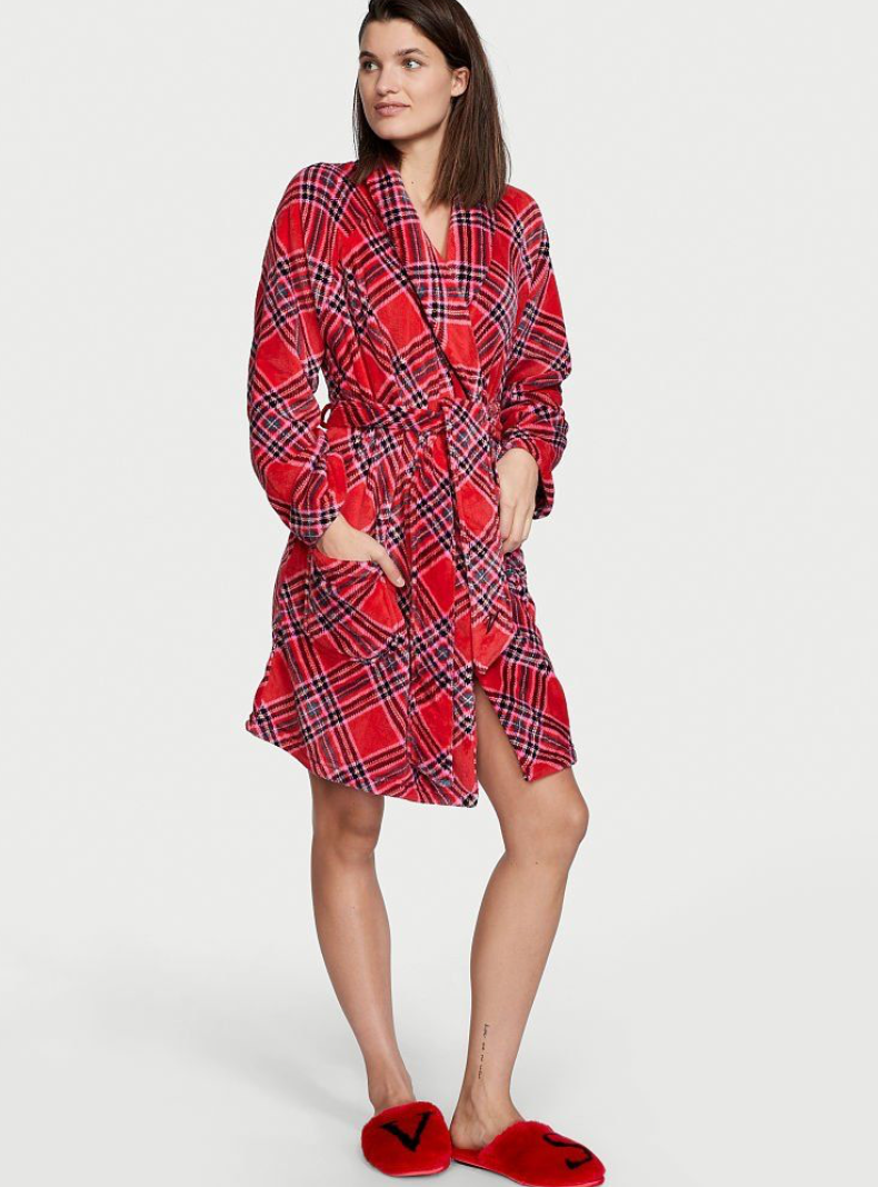 Червоний плюшевий халат в клітинку Victoria’s Secret Logo Short Cozy Robe, XS\S